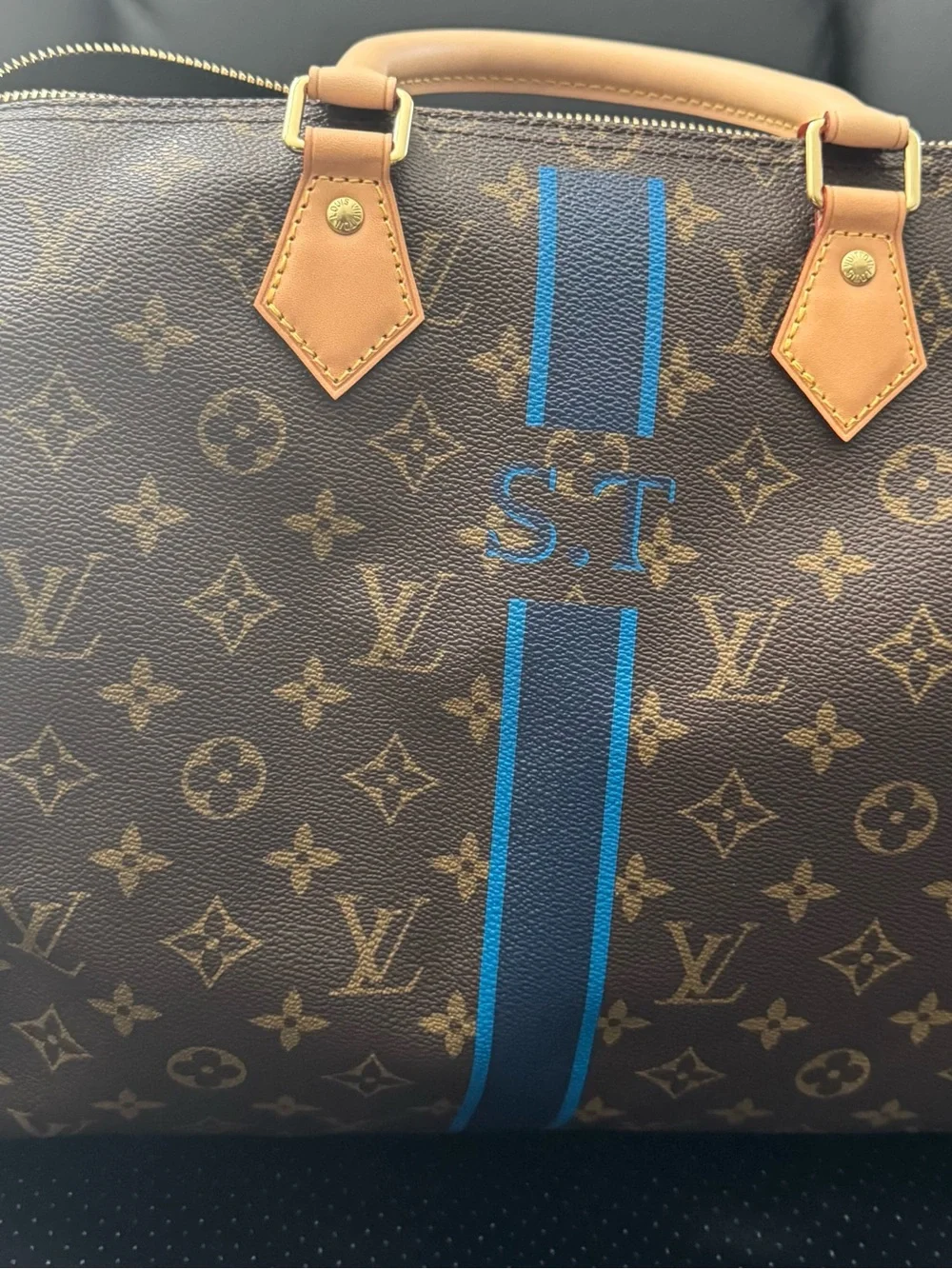 Louis Vuitton Brown Monogram Tote with Blue Racing Stripe